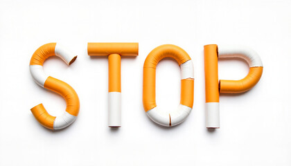 STOP formed by cigarettes on white background, anti-smoking message