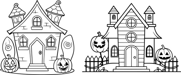 Fototapeta premium Halloween House Coloring Page, cute Halloween houses with pumpkins and fences, perfect for coloring Great for kids and Halloween fun.