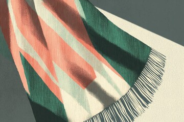 A textured, patterned throw blanket with fringes, draped on a light surface, bathed in sunlight.