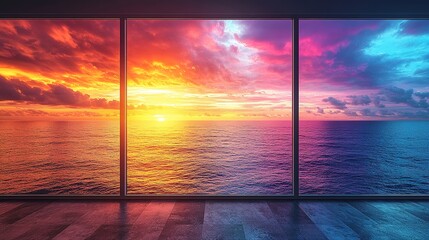 Dramatic sunset view through large windows.  Vast ocean vista