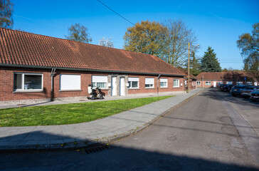 Brick stone social houses in a row in Mouscron, Hainaut, Belgium