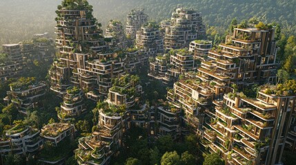 Obraz premium Sustainable city nestled in a lush mountainous landscape. Elevated structures with green vertical gardens and organic design