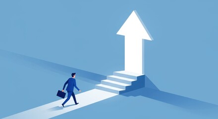 Obraz premium A businessman in a suit walks towards a bright arrow shaped door with stairs in a blue illustration