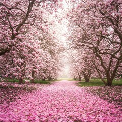 Romantic floral pathway under blooming pink magnolia trees spring scene