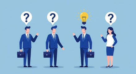 Business team with question marks and one idea bulb on a light blue color background scene vector