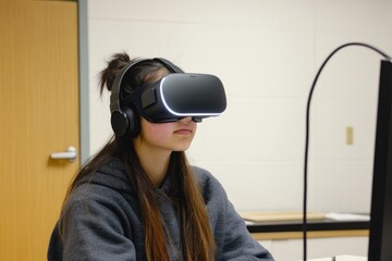 A young woman with long brown hair uses a VR headset in a classroom setting.