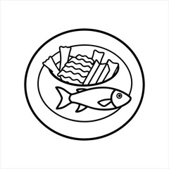 Line Art Plate of Fish Chips with Tartar Sauce