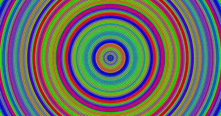 Bright concentric circle pattern with rainbow palette. Style: op art, psychedelic, digital abstraction.
