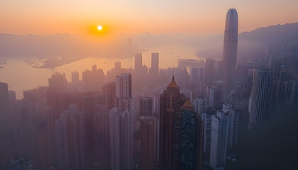 Fototapeta premium Hong Kong City Skyline Sunrise Panorama