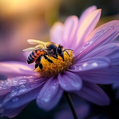 Honeybee on Dew-Kissed Purple Aster: A Golden Hour Masterpiece