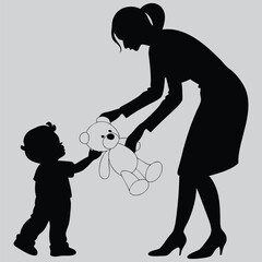 Mother giving teddy bear to child image silhouette design vector art and illustration	