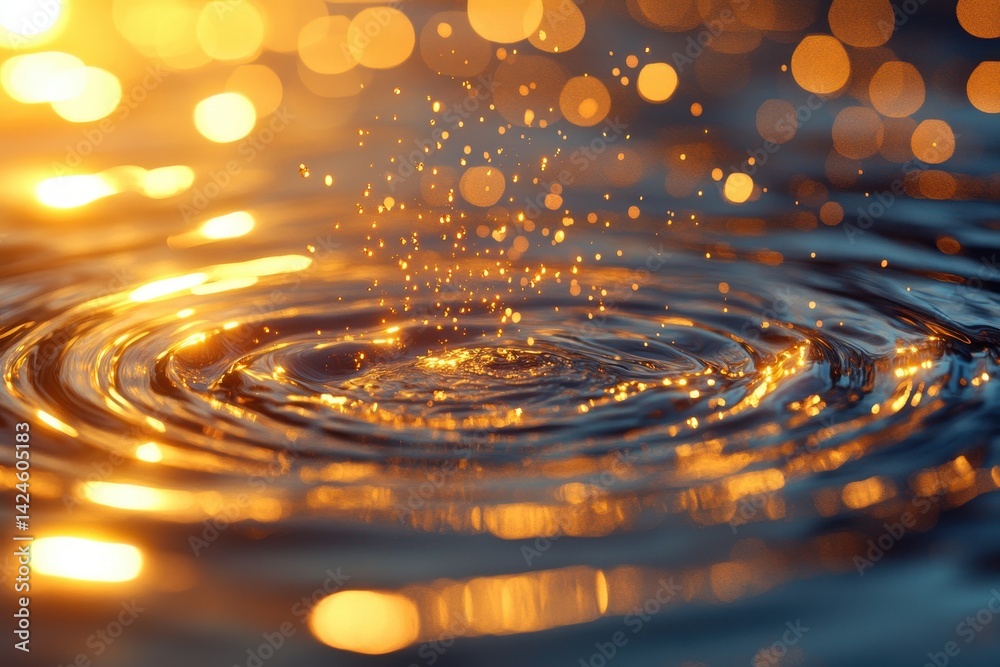 Poster Water droplets create mesmerizing patterns in golden light during sunset over a tranquil lake
