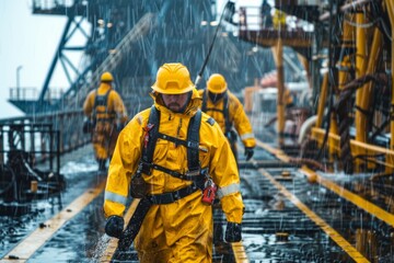 Fototapeta premium A group of workers in yellow rain gear navigates an offshore platform during a rainstorm, showcasing teamwork and resilience in harsh conditions