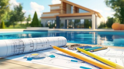 Architectural blueprints for a contemporary house are laid out by a sparkling pool, implying the design process for a luxury home.