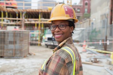 Fototapeta premium A happy, smiling and cheerful young black woman or senior construction industry worker standing at a building site