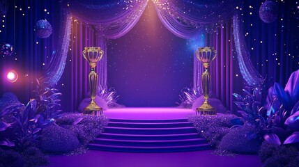 Golden Blue Purple Award Background. Jubilee Night Decorative Invitation. Trophy on Stage platform with spotlight. Wedding Entertainment Hollywood Bollywood Night. Elegant Luxury Steps Floor.