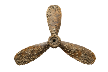 Rusty marine propeller covered in barnacles found on ocean floor, great for marine conservation materials and underwater exploration guides