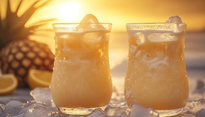 Two frosted glasses of pi?+/-a colada with ice blending into the creamy drink, golden sunset in the background.
