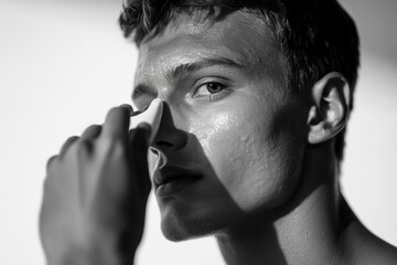Close-up black and white photo of a young man's face, having skincare treatment.