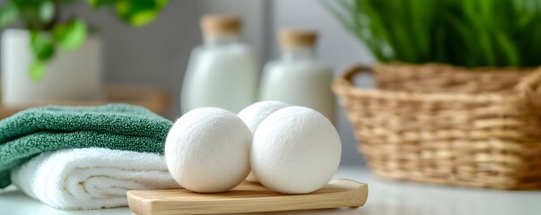 A serene wellness setting featuring bath bombs, fluffy towels, and greenery. This image embodies relaxation and self-care, perfect for promoting spa services or bath products.