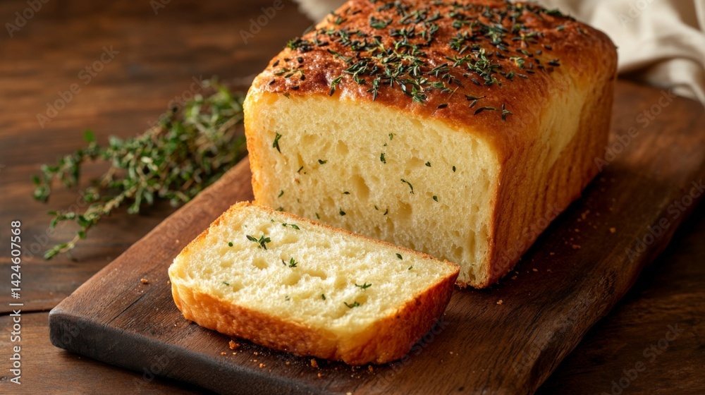 Poster an artistic shot of a loaf of bread with a slice cut out, revealing the soft, airy crumb inside, pla