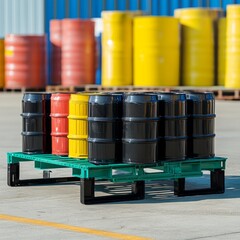 A polyethylene spill containment pallet holding barrels, ensuring safety and environmental protection for the surrounding area