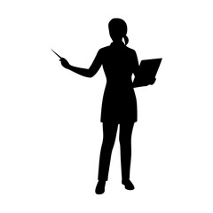 Silhouette of woman teacher holding pointer and book for presentation or teaching vector art