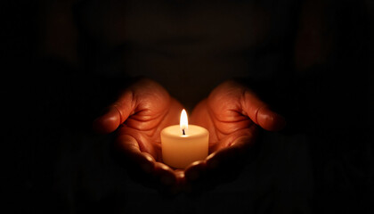 Gentle hands cradling candlelight in darkness, warmth and solace