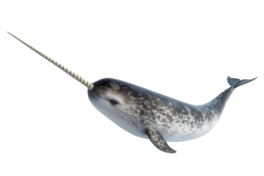 Majestic narwhal swimming gracefully in the ocean depths showcasing its long spiral tusk and unique pattern
