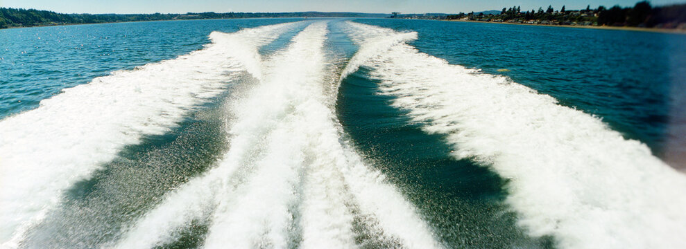 Panoramic view of wake of a boat, Puget Sound, Washington State, USA.