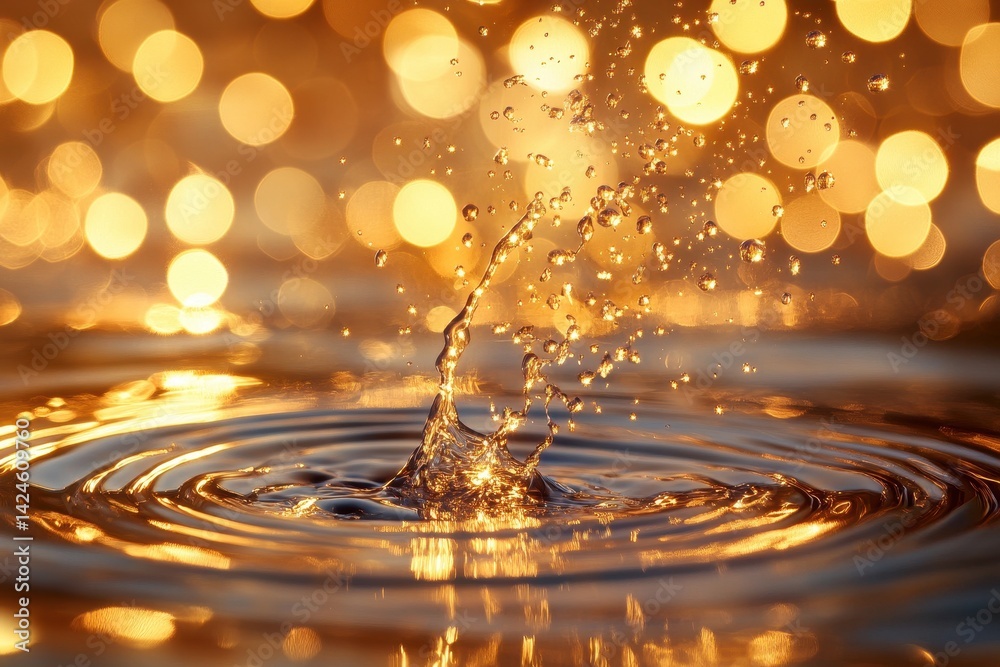 Aufkleber water droplets create mesmerizing patterns in golden light during sunset over a tranquil lake