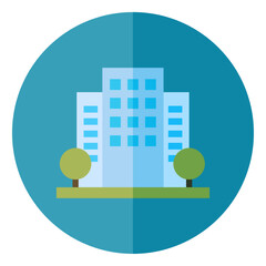 modern office building flat icon in a teal circle