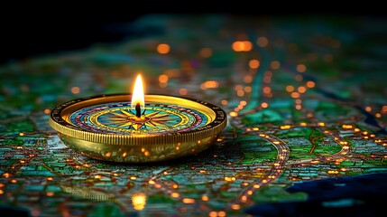 Lit compass on map, guiding journey