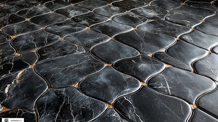 Black marble tiles with gold accents.  Flowing,  unique,  decorative pattern