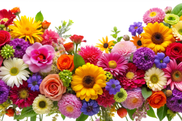 A vibrant floral arrangement featuring various colorful flowers creating a beautiful border effect for design projects isolated on white background PNG