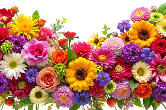A vibrant floral arrangement featuring various colorful flowers creating a beautiful border effect for design projects isolated on white background PNG