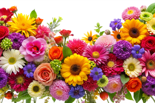 A vibrant floral arrangement featuring various colorful flowers creating a beautiful border effect for design projects isolated on white background PNG