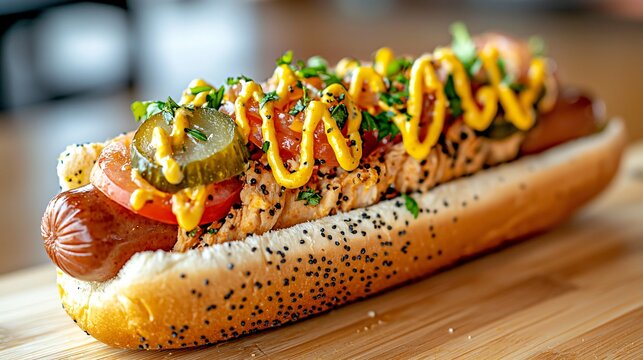 Chicago-style hot dog with neon green relish, tomato slices, pickle spear, sport peppers, and mustard drizzle on poppy seed bun