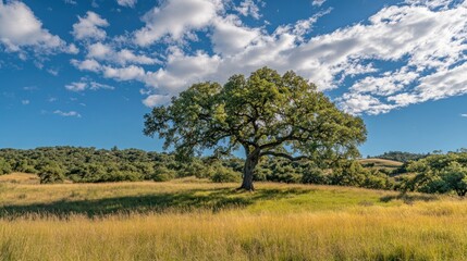 Obraz premium Oak tree in a grassy field under a partly cloudy sky. Possible use nature, landscape photography