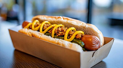 Vegan hot dog with yellow mustard spiral, pickled vegetables, served in eco-friendly packaging