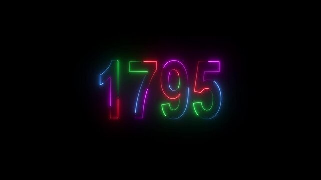 neon sign 1795 ,Four neon color Glowing neon number text background 4k video animation . 1795 title metal text on black alpha channel background