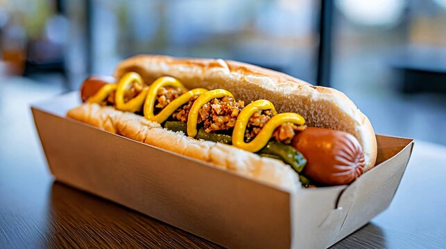 Vegan hot dog with yellow mustard spiral, pickled vegetables, served in eco-friendly packaging