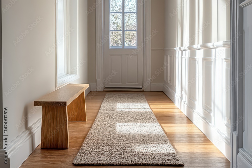 Poster sunlit corridor showcasing minimalist decor with a vase and natural light in a modern building durin