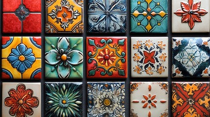 Colorful ceramic tile patterns.  Intricate floral designs on square tiles in vibrant hues