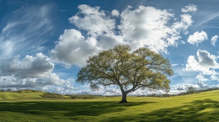 Obraz premium Sunny Spring Day, Lone Oak Tree, Open Field
