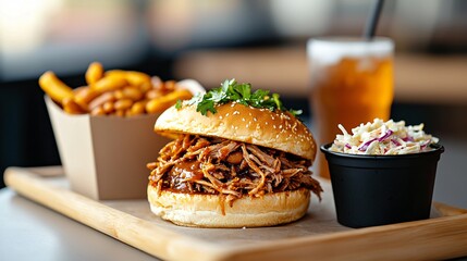 BBQ pulled pork sandwich meal with baked beans and iced tea, saucy meat spilling from bun, side of coleslaw