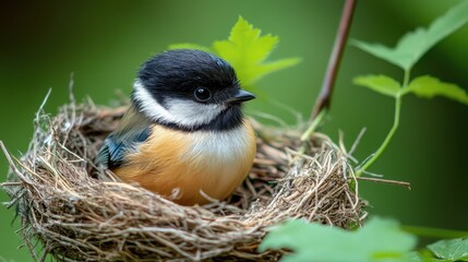 Fototapeta premium Charming chickadee nestled in a forest nest surrounded by greenery