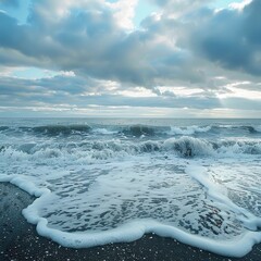 Stormy waves crashing with power, tide rising rapidly, dark clouds hanging above, with the ocean surface churning and foamy