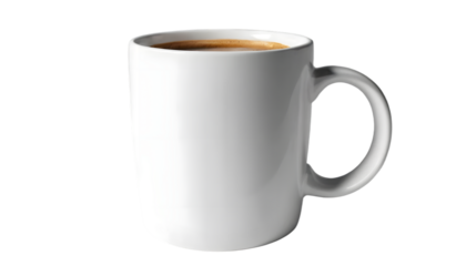 A white ceramic coffee mug filled with dark coffee on a black background studio shot simple clean look  - png format image.