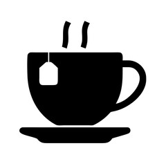 Black tea cup vector graphic illustration with steam and tea bag for beverage and drink design